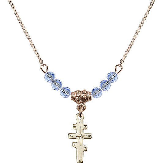 14kt Gold Filled Greek Orthadox Cross Birthstone Necklace with Light Sapphire Beads - 5654