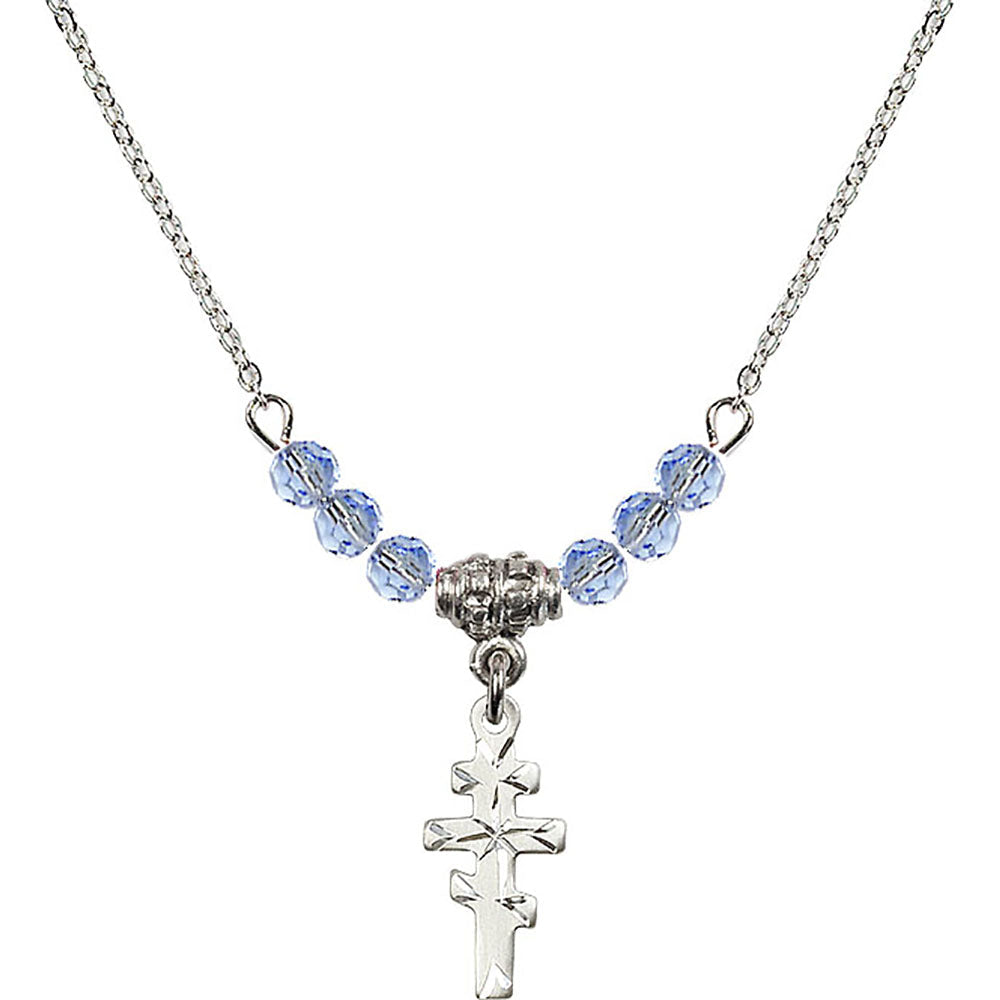 Sterling Silver Greek Orthadox Cross Birthstone Necklace with Light Sapphire Beads - 5654