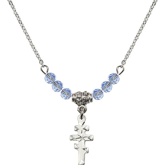Sterling Silver Greek Orthadox Cross Birthstone Necklace with Light Sapphire Beads - 5654