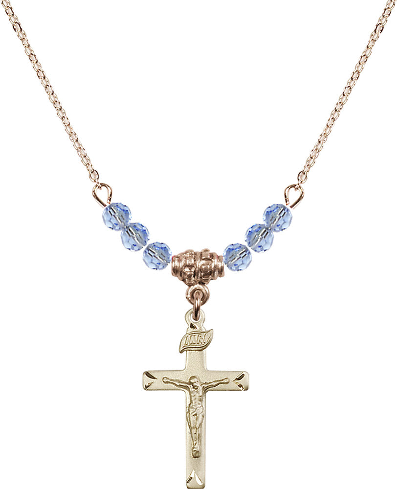14kt Gold Filled Crucifix Birthstone Necklace with Light Sapphire Beads - 5668