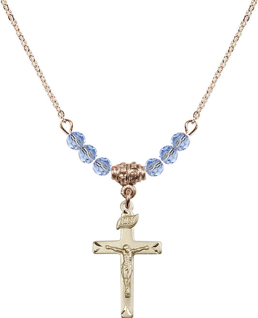 14kt Gold Filled Crucifix Birthstone Necklace with Light Sapphire Beads - 5668