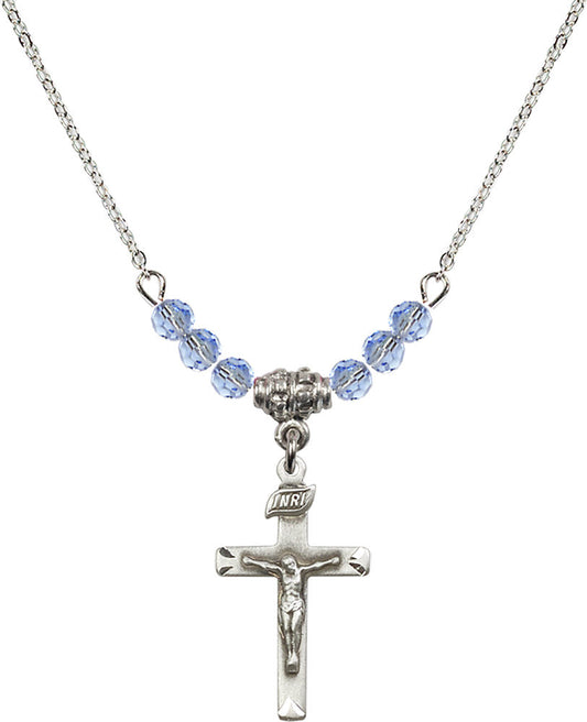 Sterling Silver Crucifix Birthstone Necklace with Light Sapphire Beads - 5668