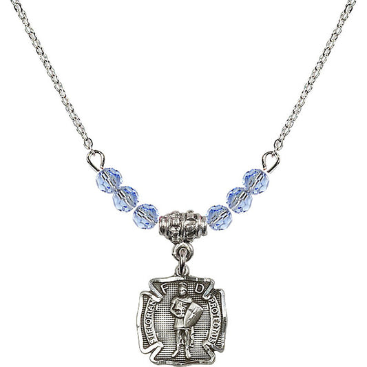 Sterling Silver Saint Florian Birthstone Necklace with Light Sapphire Beads - 5686