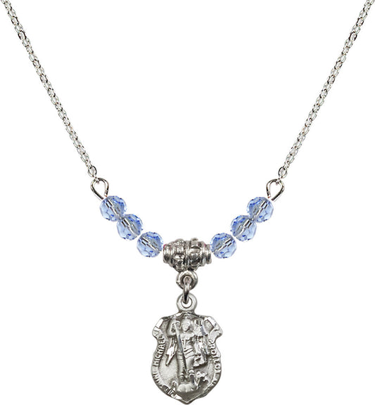 Sterling Silver Saint Michael the Archangel Birthstone Necklace with Light Sapphire Beads - 5699