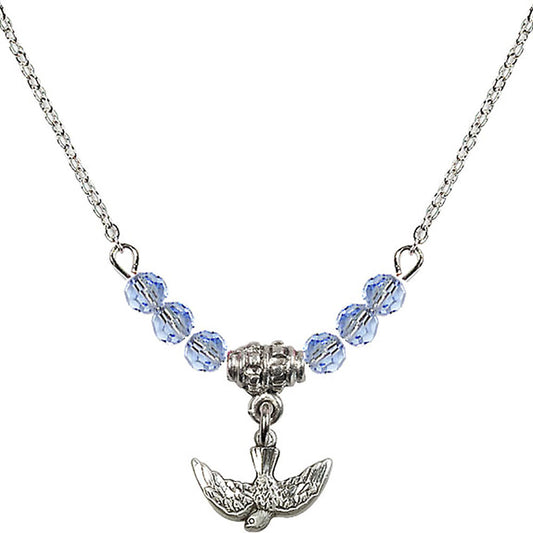 Sterling Silver Holy Spirit Birthstone Necklace with Light Sapphire Beads - 5911