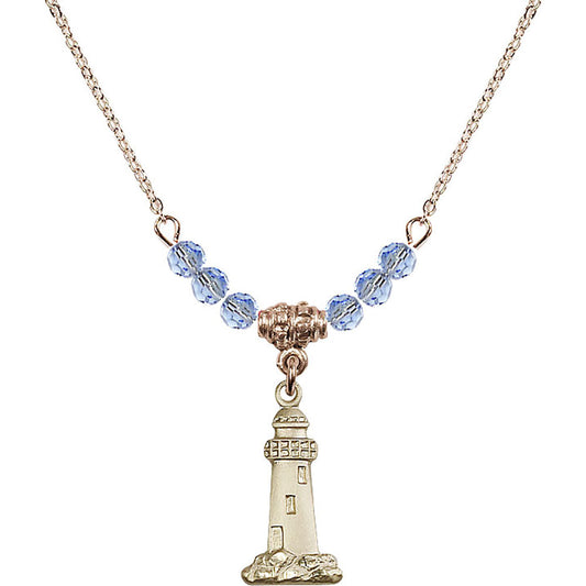 14kt Gold Filled Lighthouse Birthstone Necklace with Light Sapphire Beads - 5922