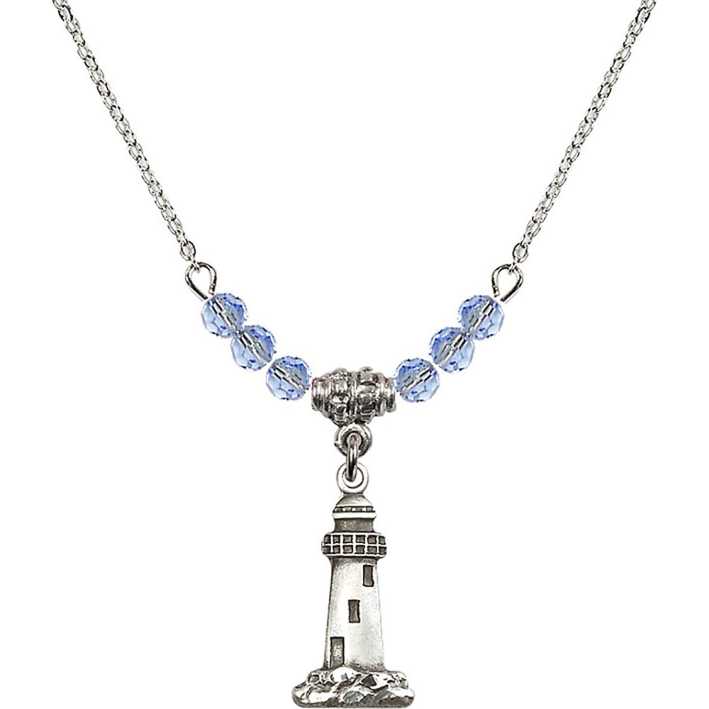 Sterling Silver Lighthouse Birthstone Necklace with Light Sapphire Beads - 5922