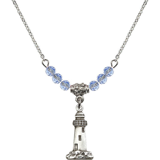 Sterling Silver Lighthouse Birthstone Necklace with Light Sapphire Beads - 5922