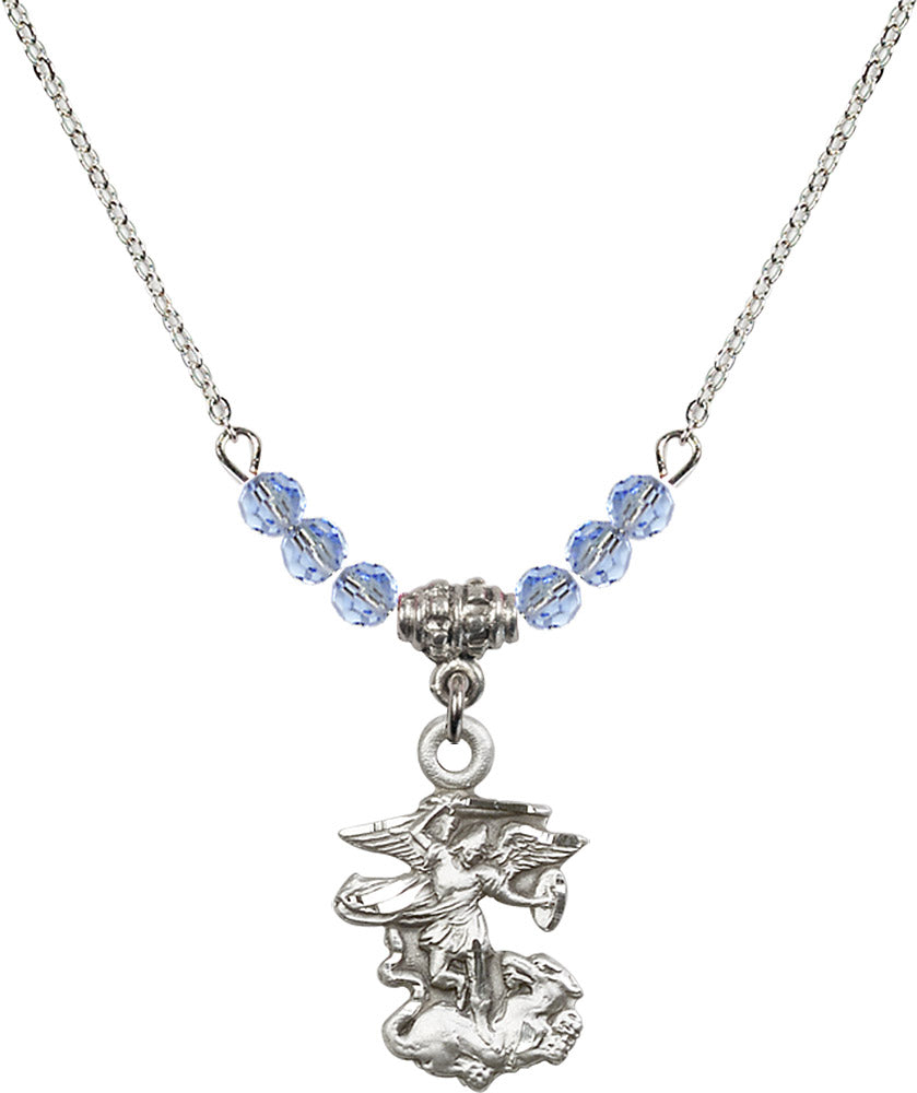 Sterling Silver Saint Michael the Archangel Birthstone Necklace with Light Sapphire Beads - 5940
