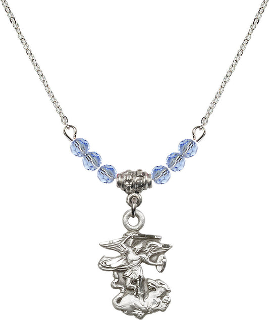Sterling Silver Saint Michael the Archangel Birthstone Necklace with Light Sapphire Beads - 5940
