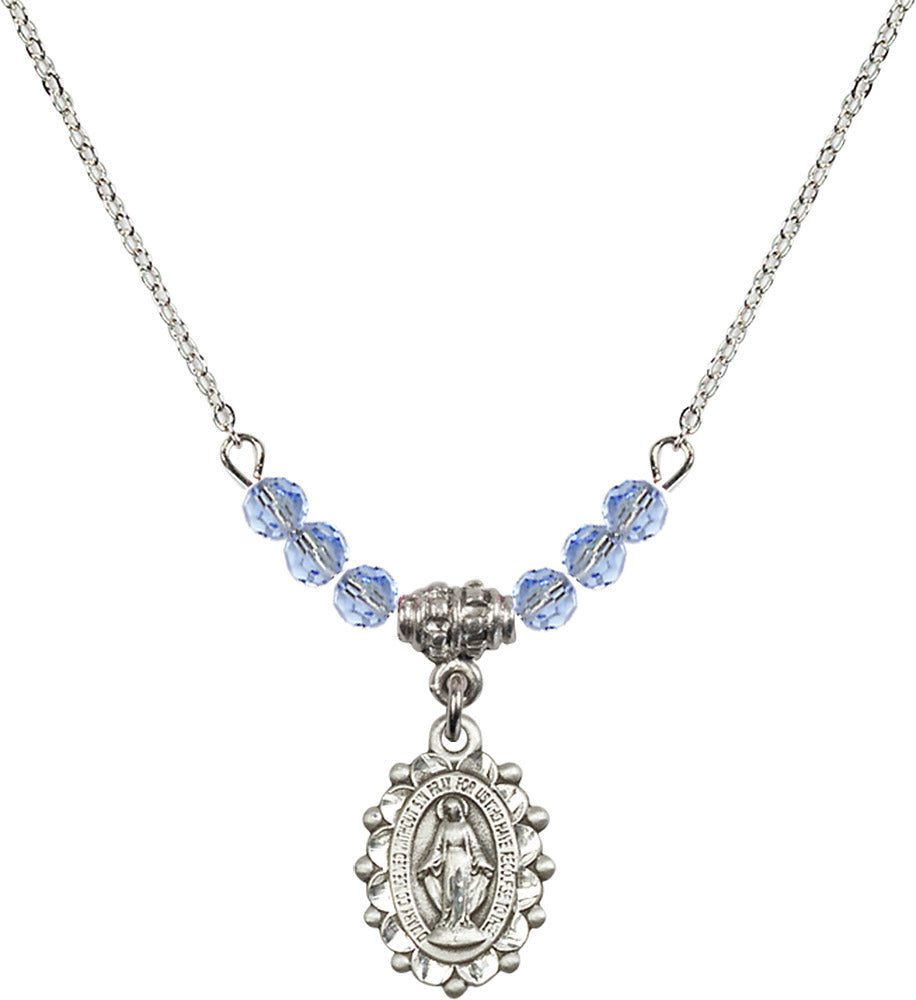 Sterling Silver Miraculous Birthstone Necklace with Light Sapphire Beads - 6040