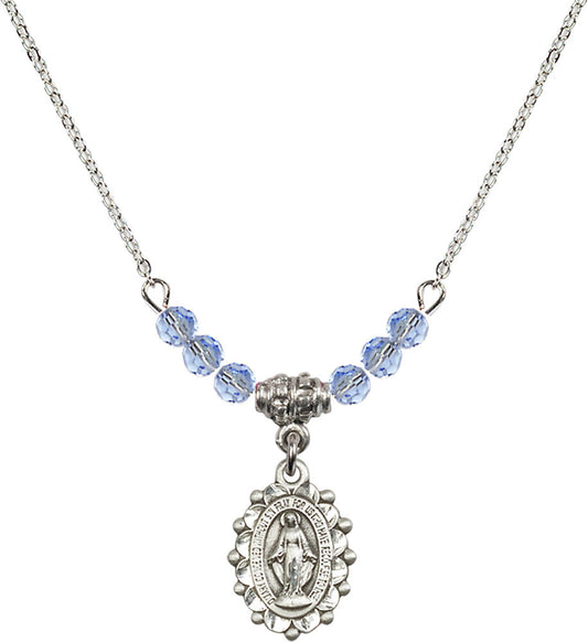 Sterling Silver Miraculous Birthstone Necklace with Light Sapphire Beads - 6040