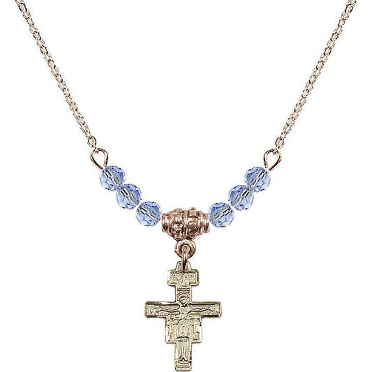 14kt Gold Filled San Damiano Crucifix Birthstone Necklace with Light Sapphire Beads - 6078