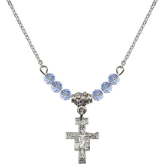 Sterling Silver San Damiano Crucifix Birthstone Necklace with Light Sapphire Beads - 6078