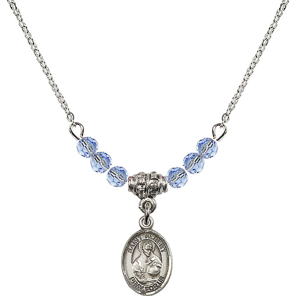 Sterling Silver Saint Albert the Great Birthstone Necklace with Light Sapphire Beads - 9001