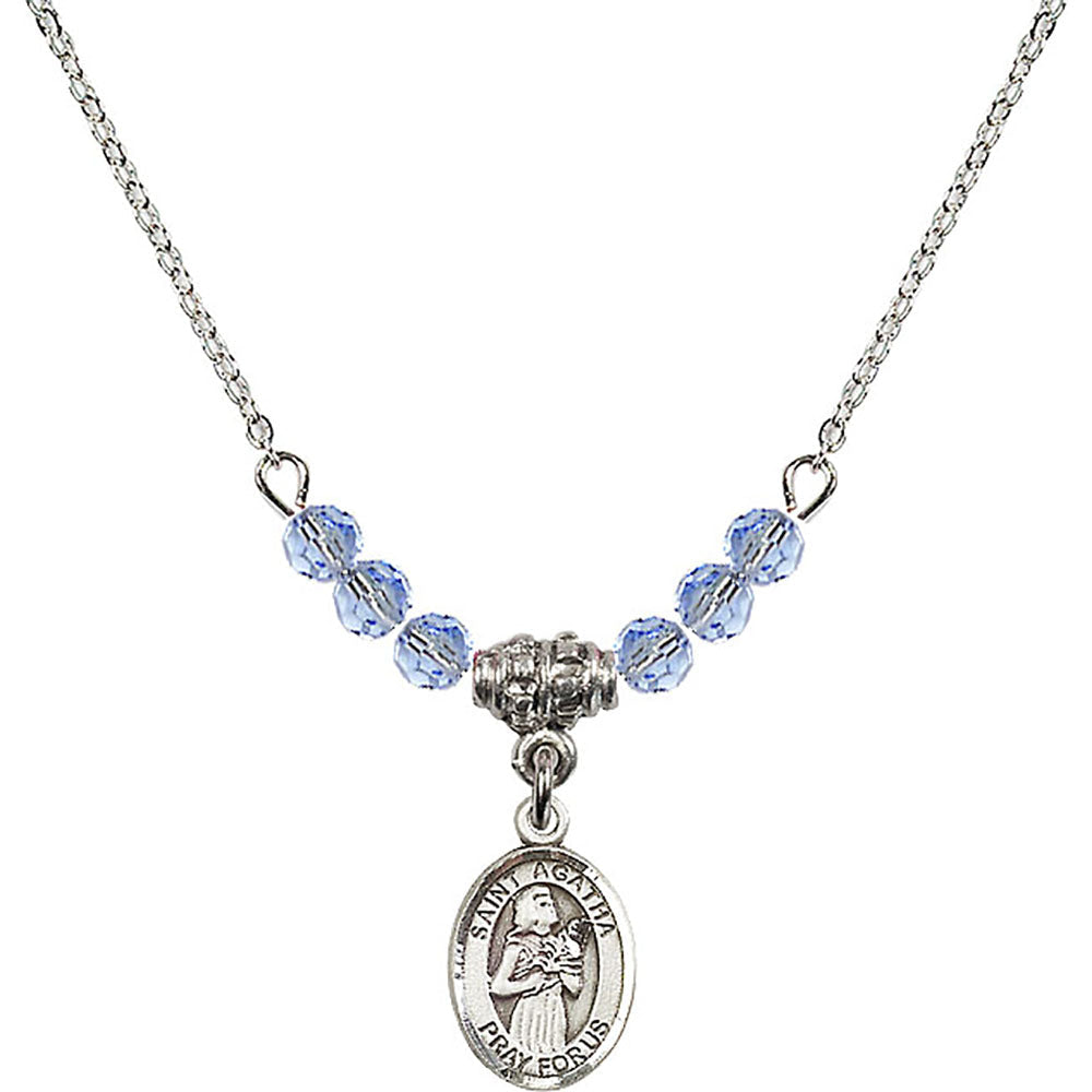 Sterling Silver Saint Agatha Birthstone Necklace with Light Sapphire Beads - 9003