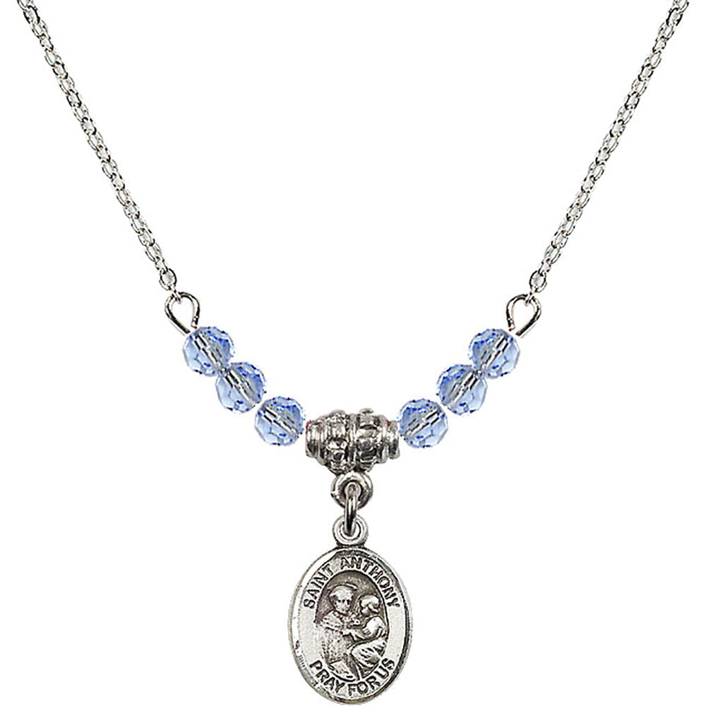 Sterling Silver Saint Anthony of Padua Birthstone Necklace with Light Sapphire Beads - 9004