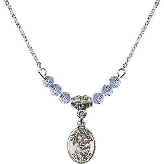 Sterling Silver Saint Anthony of Padua Birthstone Necklace with Light Sapphire Beads - 9004