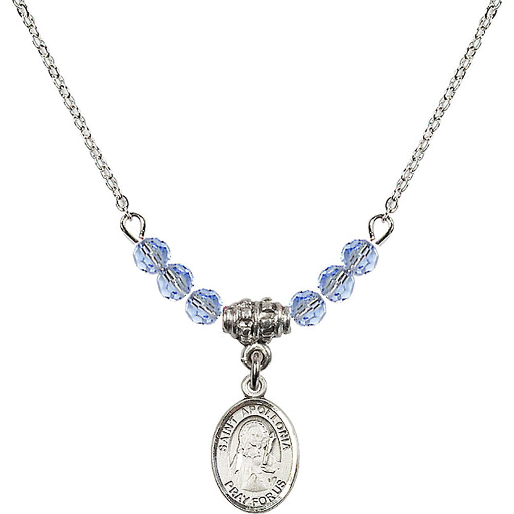 Sterling Silver Saint Apollonia Birthstone Necklace with Light Sapphire Beads - 9005