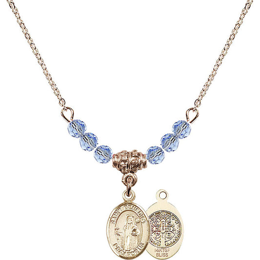 14kt Gold Filled Saint Benedict Birthstone Necklace with Light Sapphire Beads - 9008