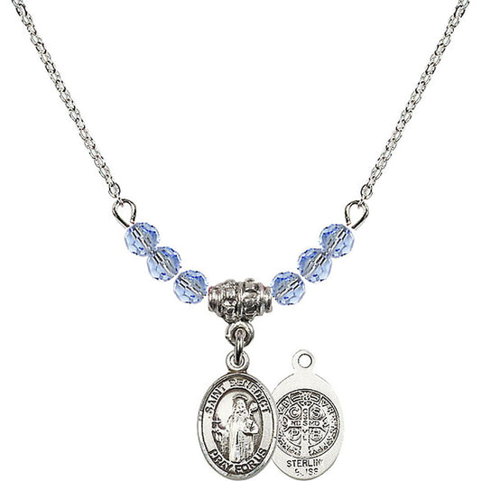 Sterling Silver Saint Benedict Birthstone Necklace with Light Sapphire Beads - 9008