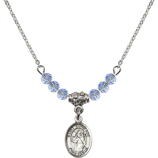 Sterling Silver Saint Boniface Birthstone Necklace with Light Sapphire Beads - 9009