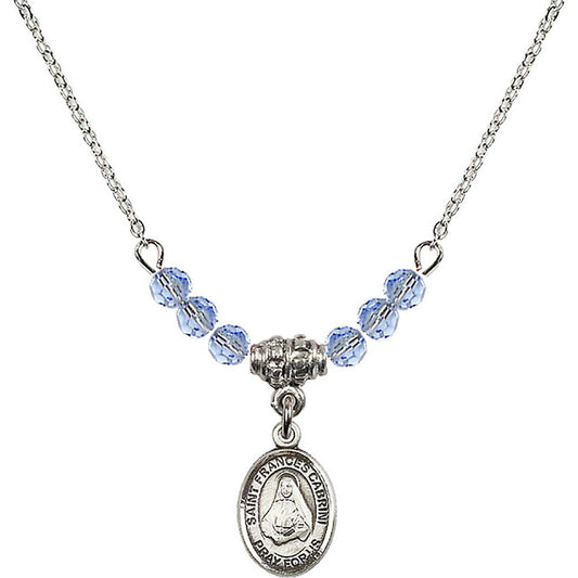 Sterling Silver Saint Frances Cabrini Birthstone Necklace with Light Sapphire Beads - 9011
