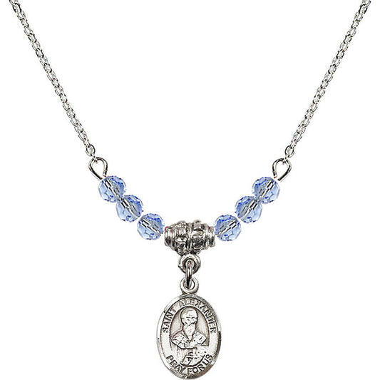 Sterling Silver Saint Alexander Sauli Birthstone Necklace with Light Sapphire Beads - 9012