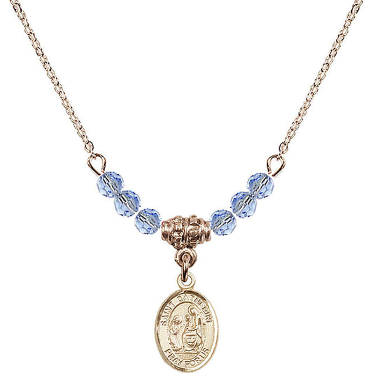 14kt Gold Filled Saint Catherine of Siena Birthstone Necklace with Light Sapphire Beads - 9014
