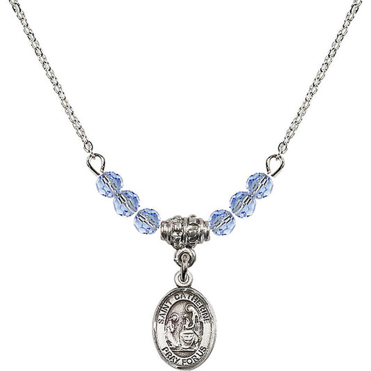 Sterling Silver Saint Catherine of Siena Birthstone Necklace with Light Sapphire Beads - 9014