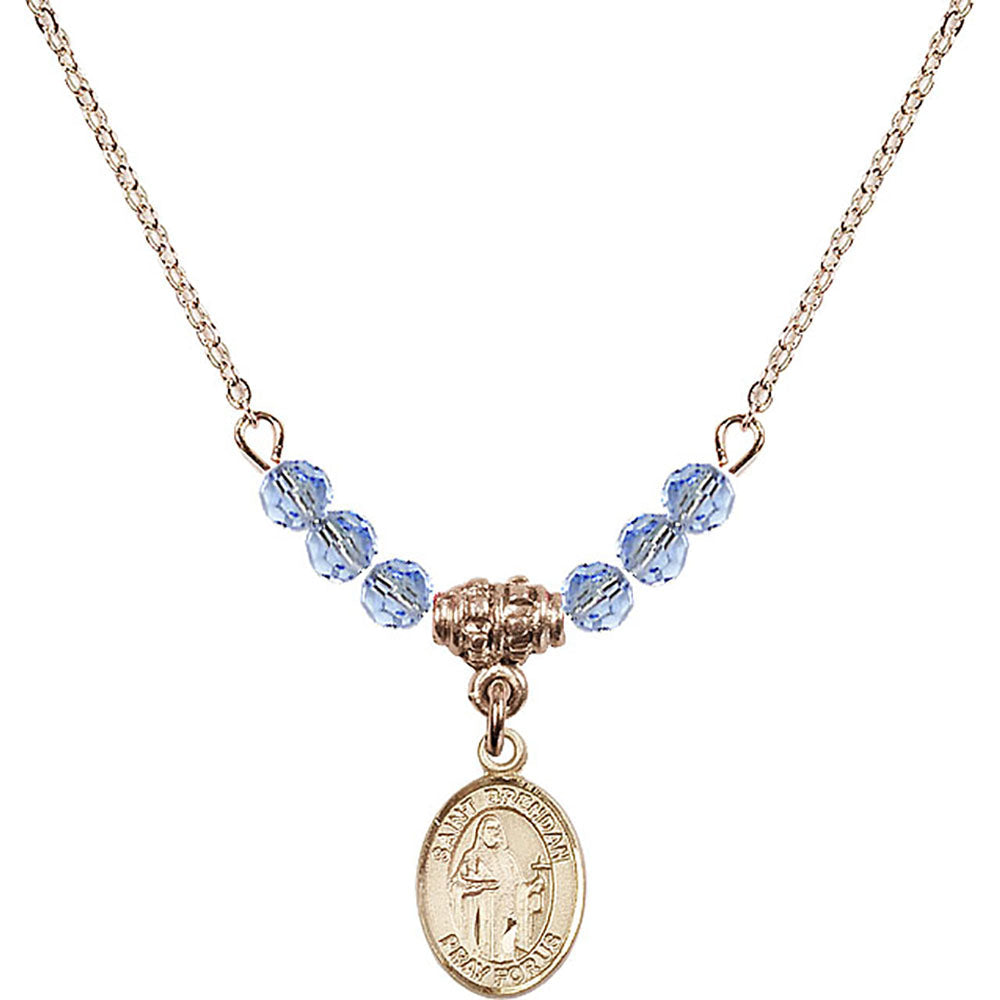 14kt Gold Filled Saint Brendan the Navigator Birthstone Necklace with Light Sapphire Beads - 9018