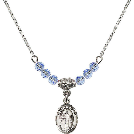 Sterling Silver Saint Brendan the Navigator Birthstone Necklace with Light Sapphire Beads - 9018