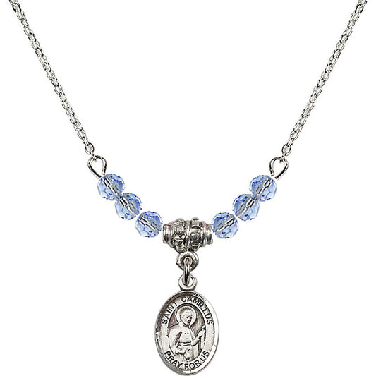 Sterling Silver Saint Camillus of Lellis Birthstone Necklace with Light Sapphire Beads - 9019