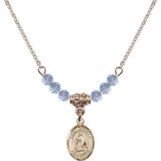 14kt Gold Filled Saint Charles Borromeo Birthstone Necklace with Light Sapphire Beads - 9020