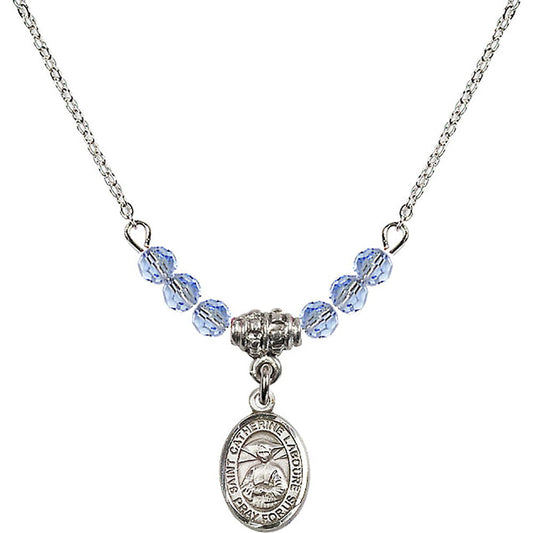 Sterling Silver Saint Catherine Laboure Birthstone Necklace with Light Sapphire Beads - 9021