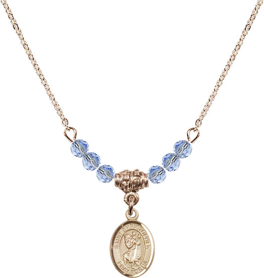 14kt Gold Filled Saint Christopher Birthstone Necklace with Light Sapphire Beads - 9022