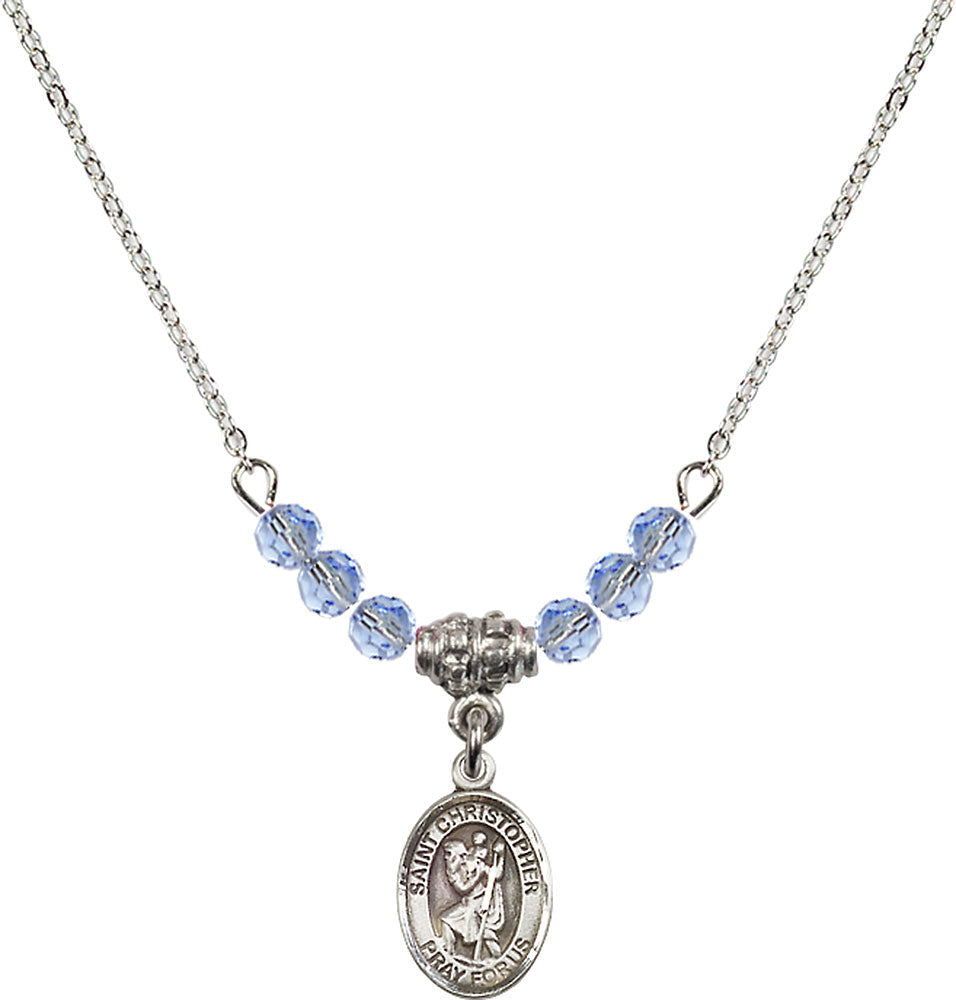 Sterling Silver Saint Christopher Birthstone Necklace with Light Sapphire Beads - 9022