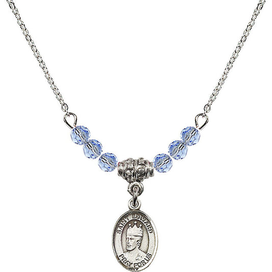 Sterling Silver Saint Edward the Confessor Birthstone Necklace with Light Sapphire Beads - 9026
