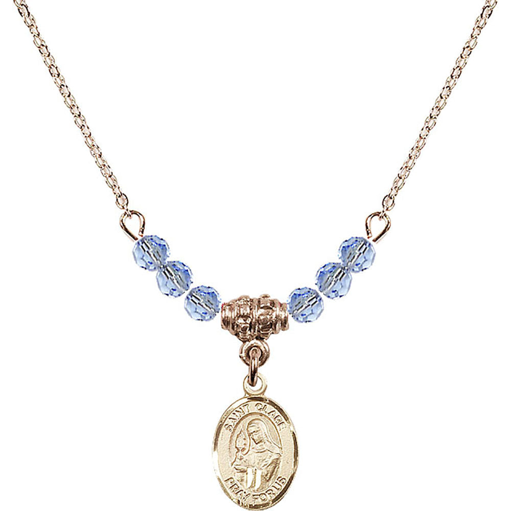 14kt Gold Filled Saint Clare of Assisi Birthstone Necklace with Light Sapphire Beads - 9028