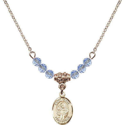14kt Gold Filled Saint Clare of Assisi Birthstone Necklace with Light Sapphire Beads - 9028