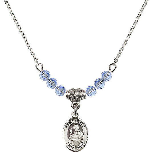 Sterling Silver Saint Clare of Assisi Birthstone Necklace with Light Sapphire Beads - 9028