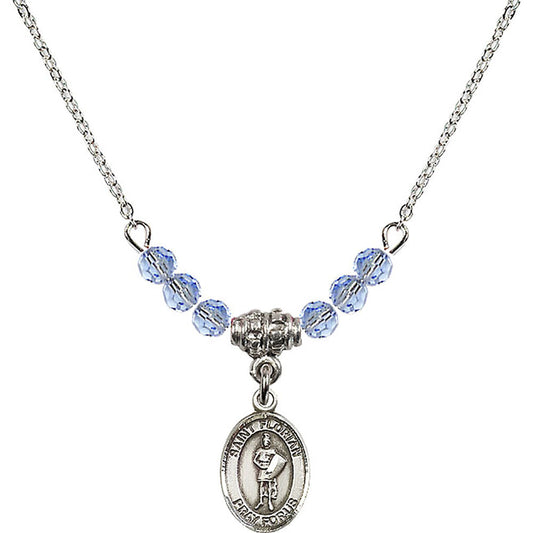 Sterling Silver Saint Florian Birthstone Necklace with Light Sapphire Beads - 9034