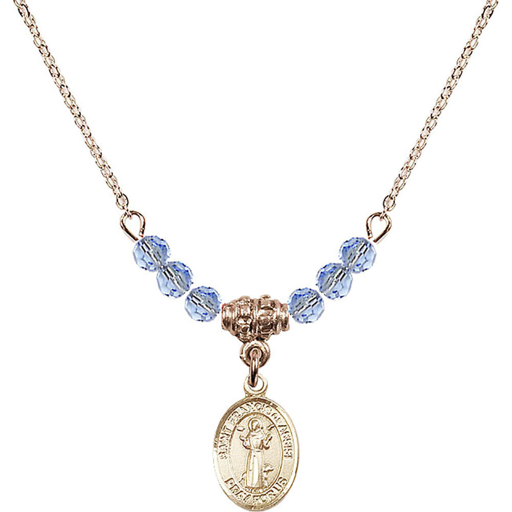 14kt Gold Filled Saint Francis of Assisi Birthstone Necklace with Light Sapphire Beads - 9036