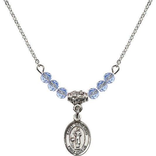 Sterling Silver Saint Genesius of Rome Birthstone Necklace with Light Sapphire Beads - 9038