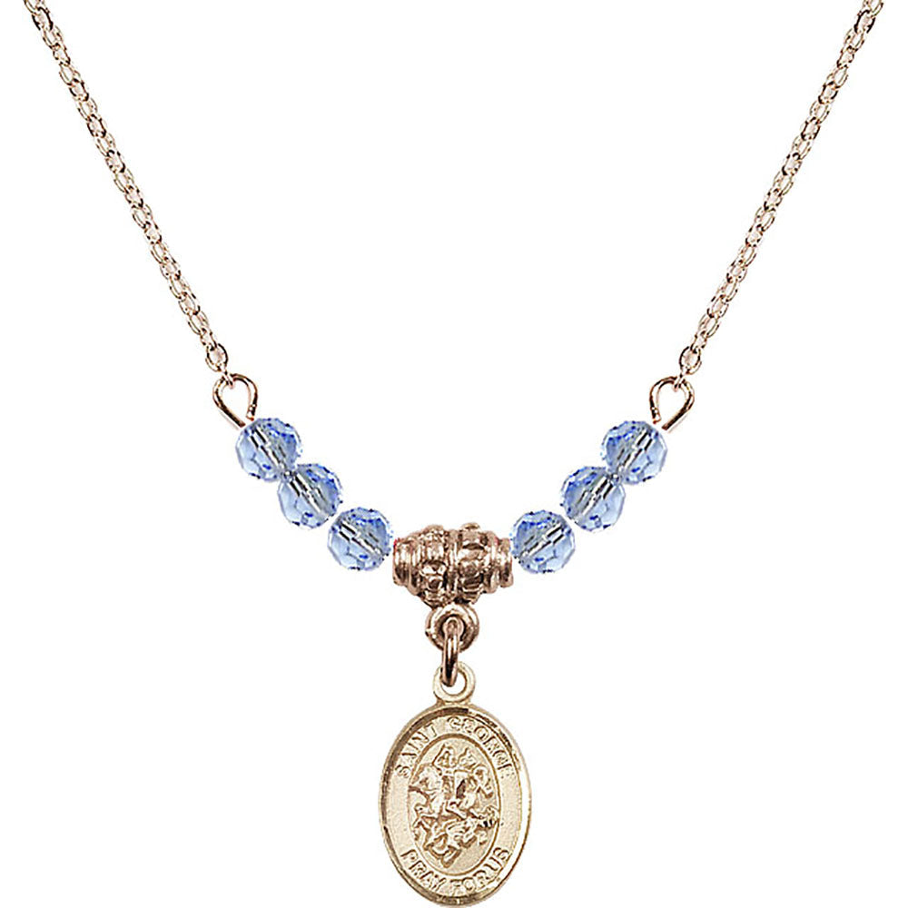 14kt Gold Filled Saint George Birthstone Necklace with Light Sapphire Beads - 9040