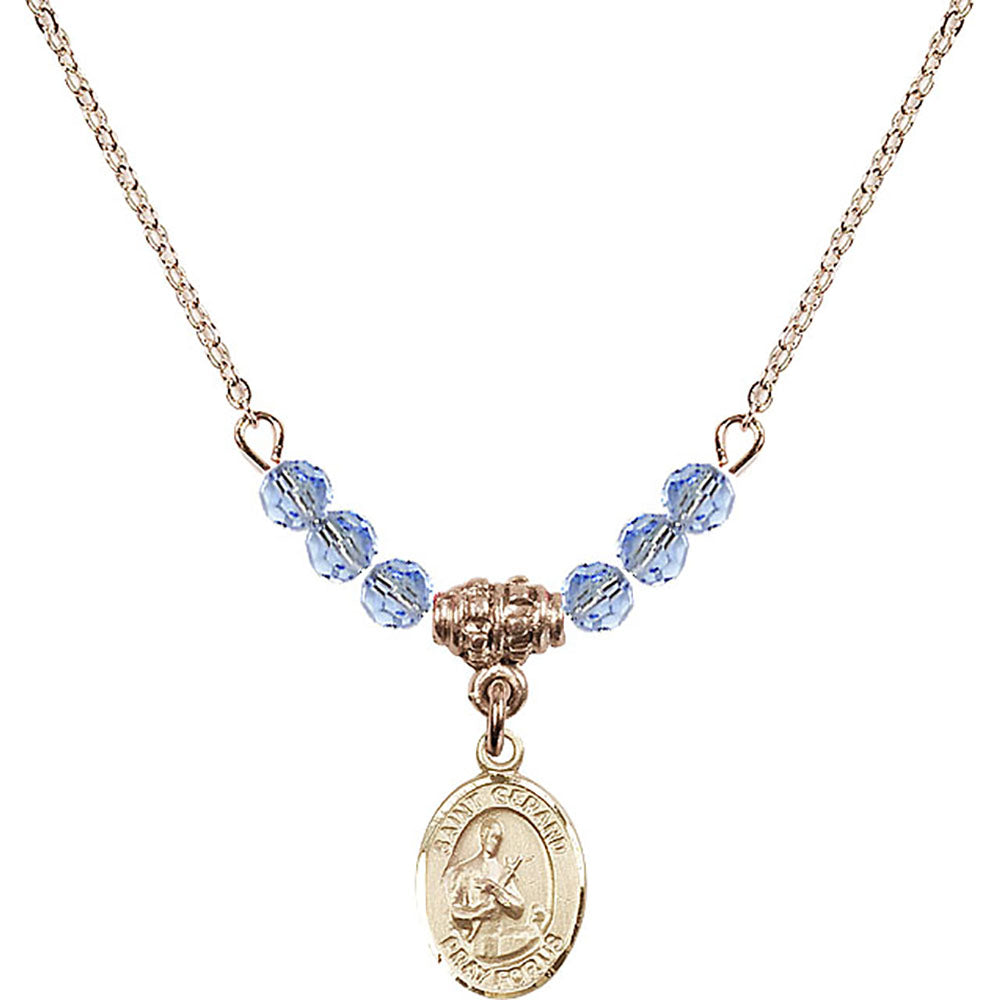 14kt Gold Filled Saint Gerard Majella Birthstone Necklace with Light Sapphire Beads - 9042