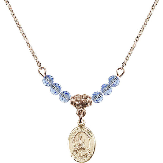 14kt Gold Filled Saint Gerard Majella Birthstone Necklace with Light Sapphire Beads - 9042