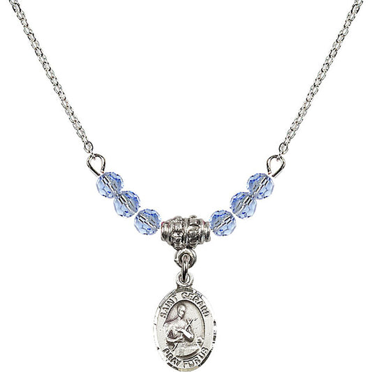 Sterling Silver Saint Gerard Majella Birthstone Necklace with Light Sapphire Beads - 9042