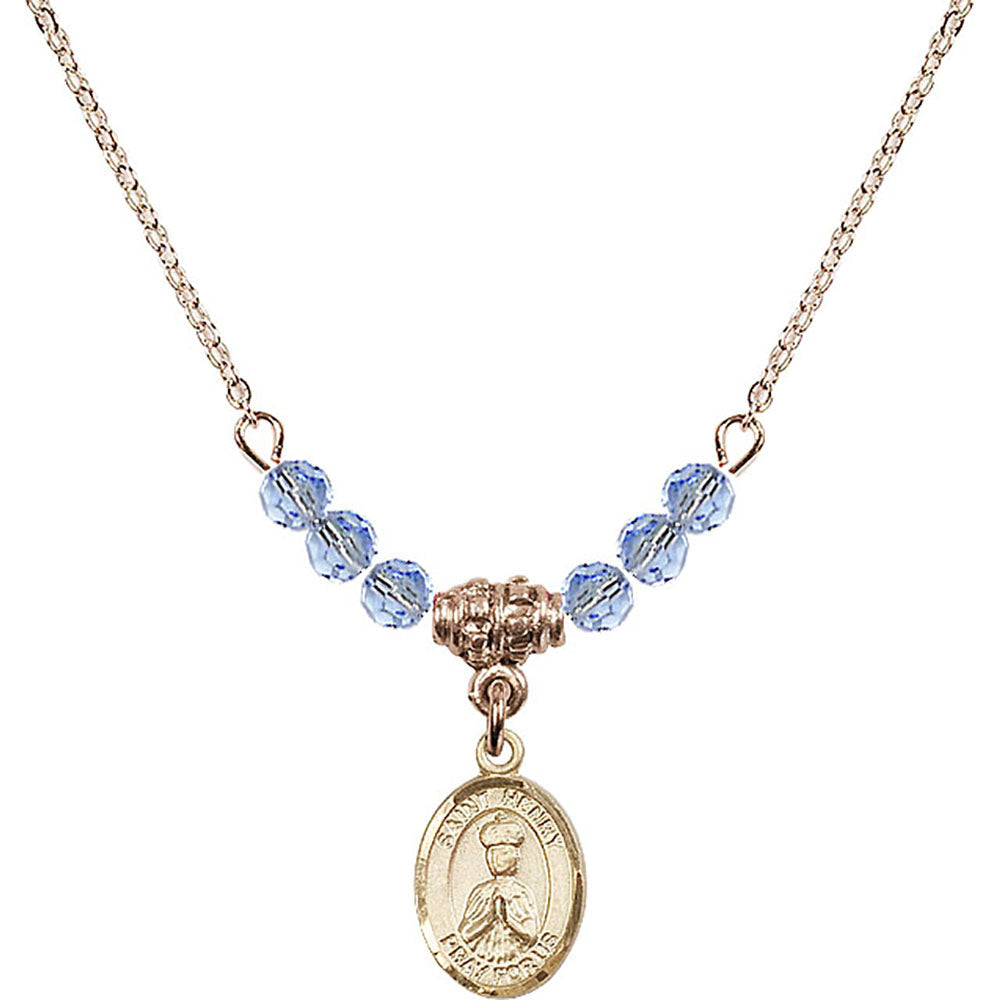 14kt Gold Filled Saint Henry II Birthstone Necklace with Light Sapphire Beads - 9046