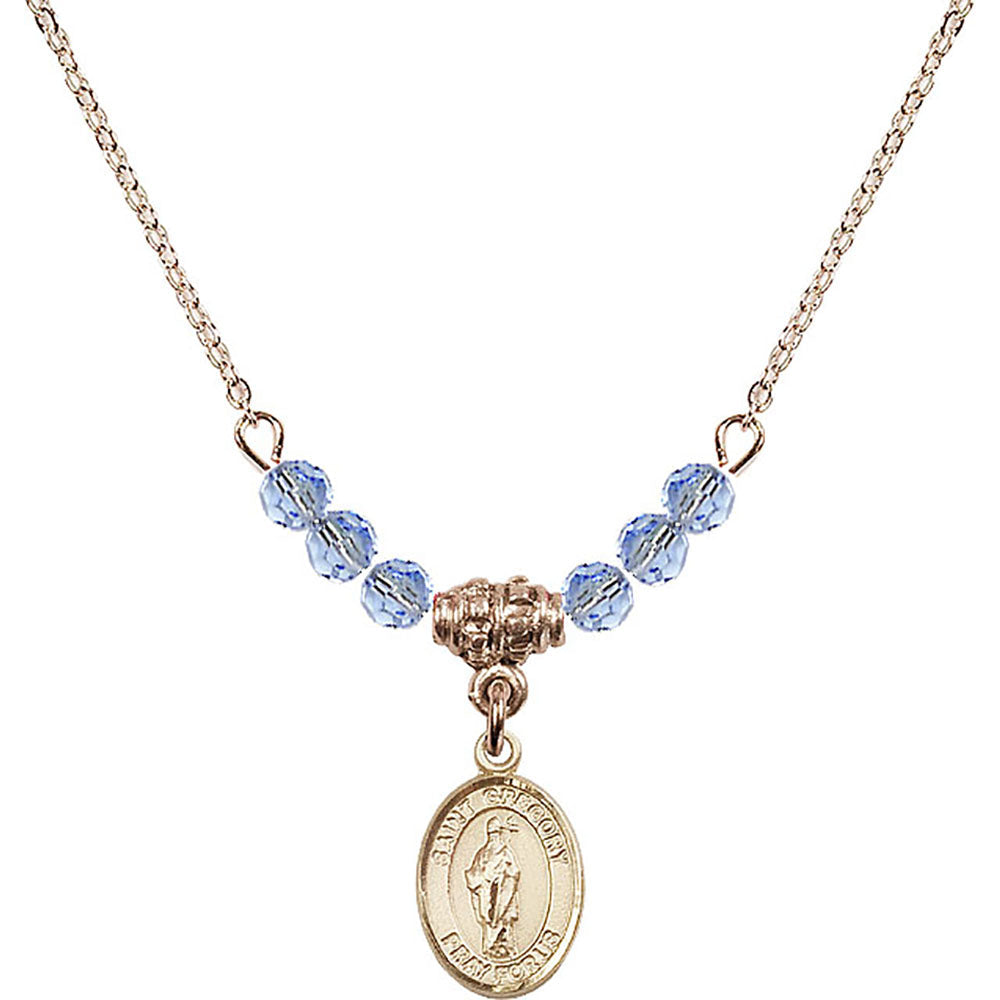 14kt Gold Filled Saint Gregory the Great Birthstone Necklace with Light Sapphire Beads - 9048